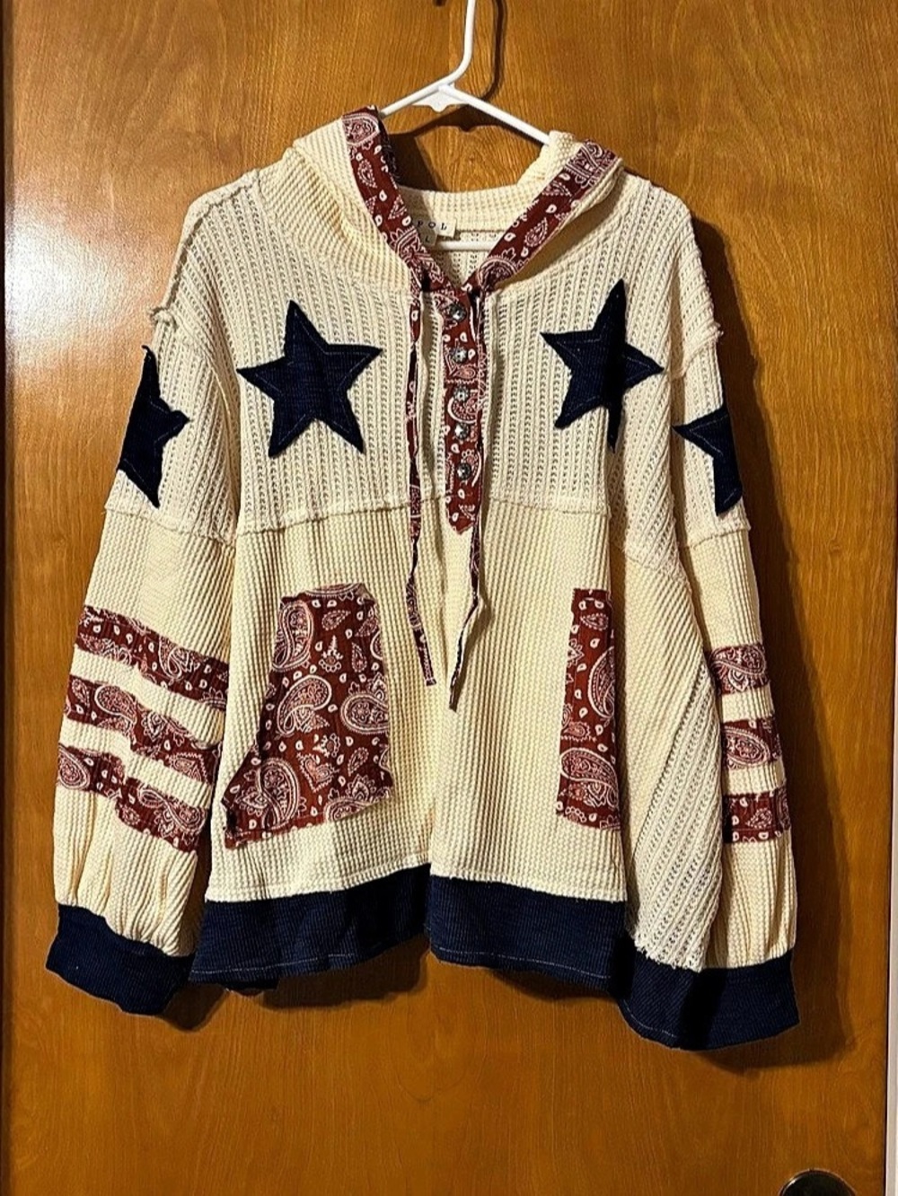 Pol Thermal Paisley Hoodie Cream & Blue Large
